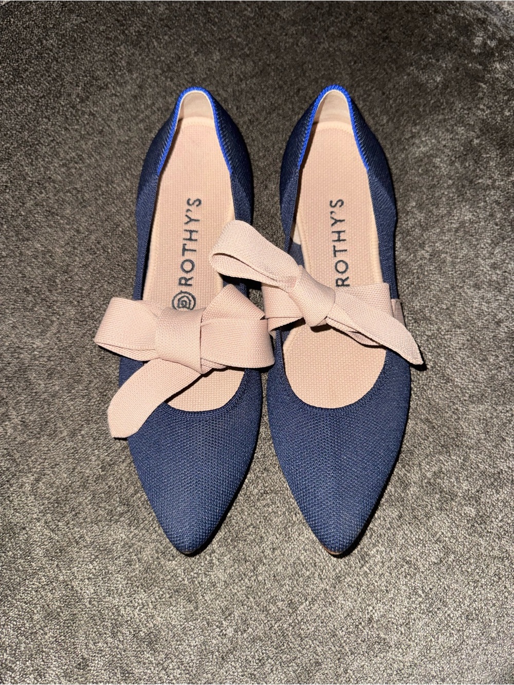 Rothy's Navy Pointed Flats with Blush Bow
